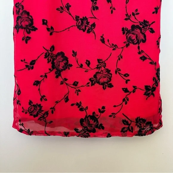 Vintage Y2K Small Whimsigoth Red Maxi Dress Black Velvet Roses Overlay Strappy